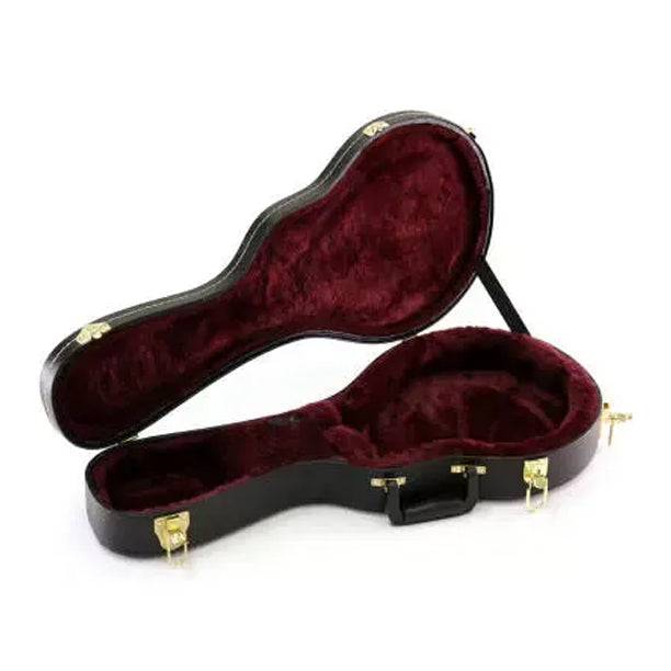 Yorkville hardshell F-style mandolin case providing road-tough instrument protection. Five-ply cross-laminate wood construction with heavy-duty vinyl covering, plush interior lining, large accessory compartments, all-metal locking fasteners, and heavy-duty molded handles.