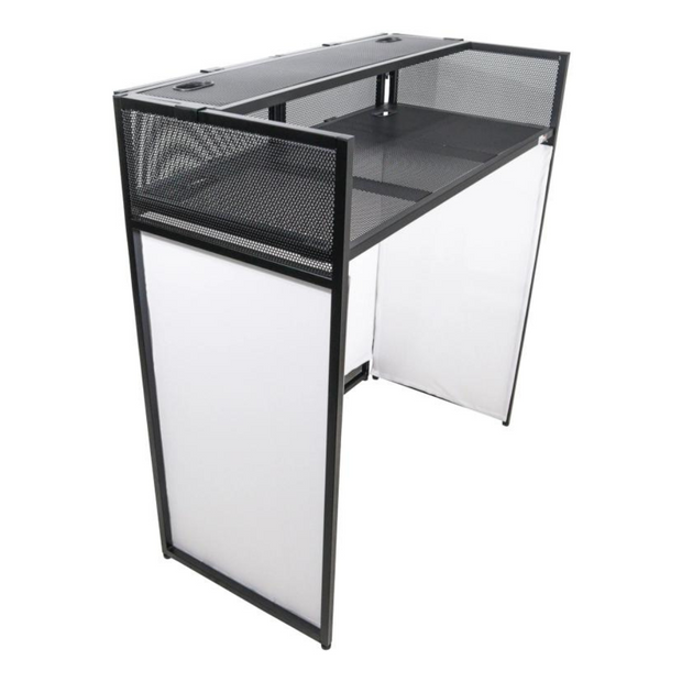 ProX XF-VISTA BL VISTA Black DJ Booth Facade Table Station with White/Black Scrim Kit and Padded Travel Bag