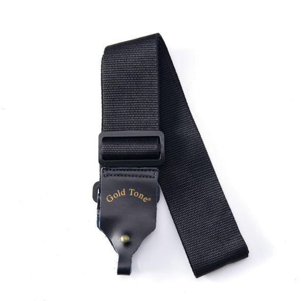 Designed by Gold Tone, this strap works nicely on our lighter Cripple Creek models as well as on banjos with limited space under the hooks. It secures to the brackets with leather tabs and a plastic bolt-and-nut.