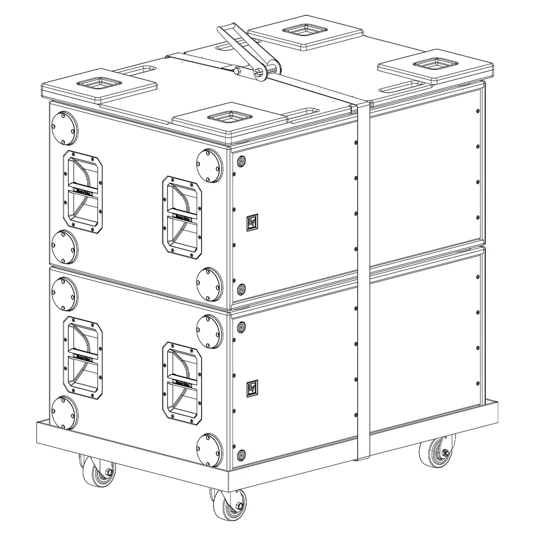 X12-128-DOLLY is used for transporting X12-128 subwoofers. The dolly will accommodate one column of X12-128 subwoofers stacked two high for transportation. The systems should be secured with ratchet straps (included) for additional protection during transport.