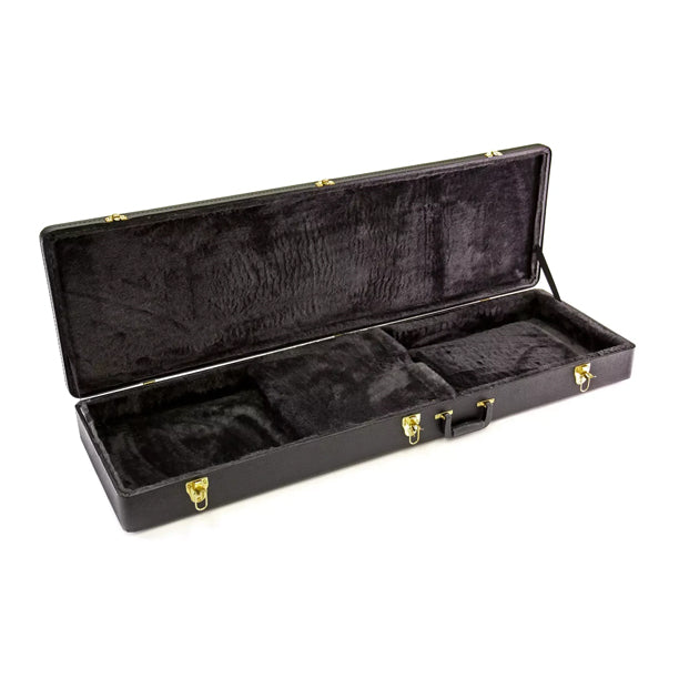 Yorkville hardshell bass guitar case designed specifically for Thunderbird-style bass guitars. Five-ply cross-laminate wood construction with heavy-duty vinyl covering, plush interior lining, large accessory compartments, all-metal locking fasteners, and heavy-duty molded handles.
