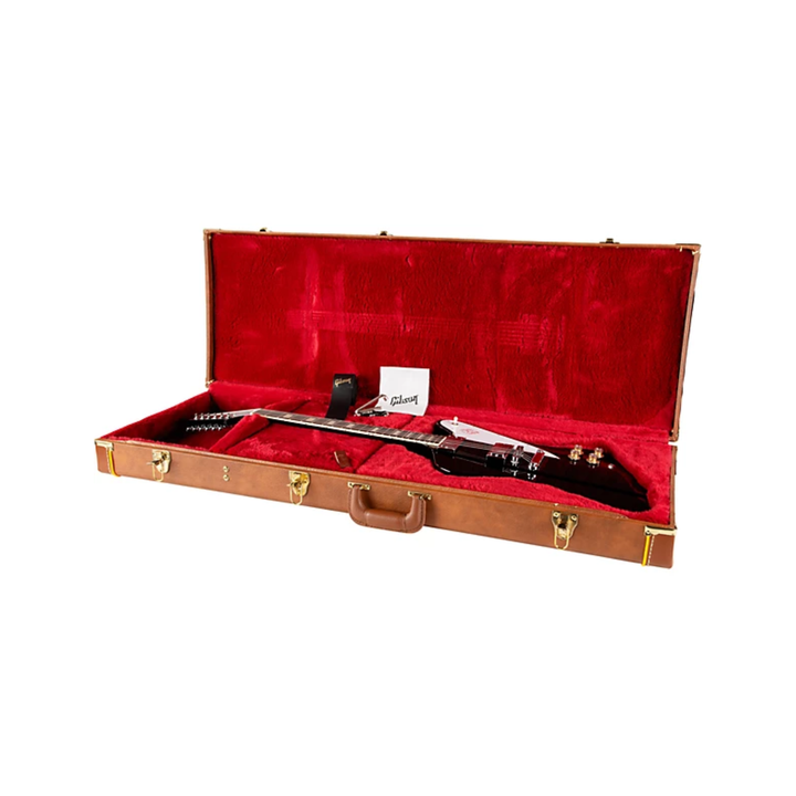 Gibson Firebird Platypus, Ebony. Tribute to the rare 1965 transitional Firebird with the flat Platypus-style Non-Reverse headstock. Mahogany body with set neck and neck-through appearance. SlimTaper mahogany neck, rosewood fretboard with 12-inch radius, 22 medium jumbo frets, acrylic trapezoid inlays. Two historically accurate Firebird Alnico 5 mini humbucker pickups. Nashville Tune-O-Matic bridge, aluminum Stop Bar tailpiece. Grover Mini Rotomatic tuners. Includes hardshell case.