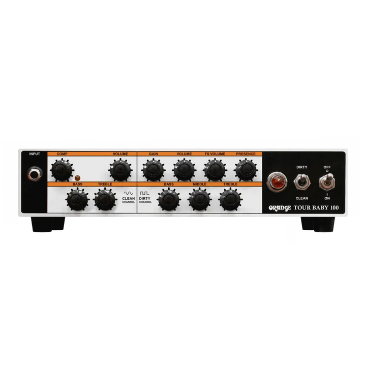 Tap into 100 watts of pure British tone with the Orange Tour Baby. Compact and ultra-portable, this powerful 2-channel amp head is the first choice for many guitarists, providing sparkling cleans on one side and classic valve-like Orange gain on the other.