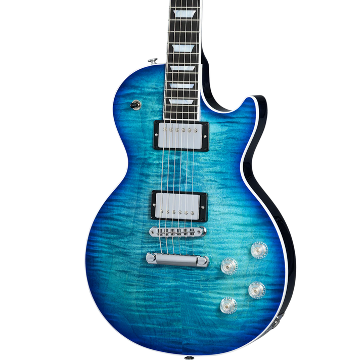 Gibson Les Paul Modern Figured. Ultra-Modern weight-relieved mahogany body with carved figured maple top. Asymmetrical SlimTaper mahogany neck. Compound radius ebony fretboard with 22 frets. Burstbucker Pro humbuckers with push/pull coil tap. Modern Contoured Heel for exceptional upper-fret access. Grover Rotomatic tuners. Includes hardshell case.