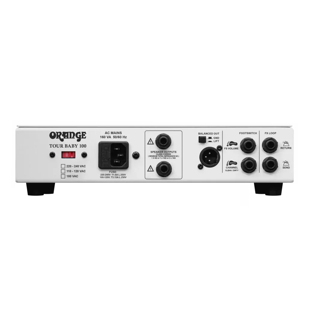 Tap into 100 watts of pure British tone with the Orange Tour Baby. Compact and ultra-portable, this powerful 2-channel amp head is the first choice for many guitarists, providing sparkling cleans on one side and classic valve-like Orange gain on the other.