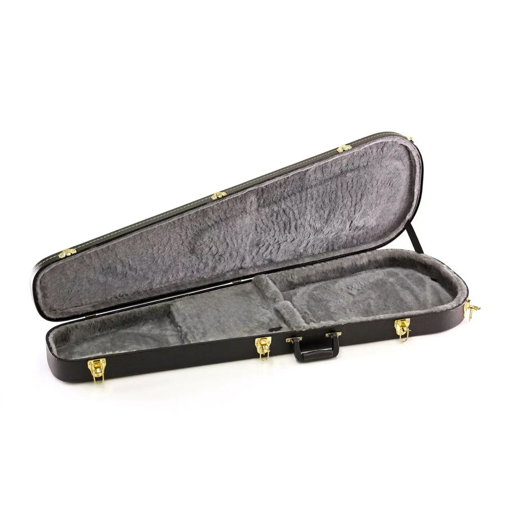 Yorkville hardshell bass guitar case in a teardrop body shape design. Five-ply cross-laminate wood construction with heavy-duty vinyl covering, plush interior lining, large accessory compartments, all-metal locking fasteners, and heavy-duty molded handles.