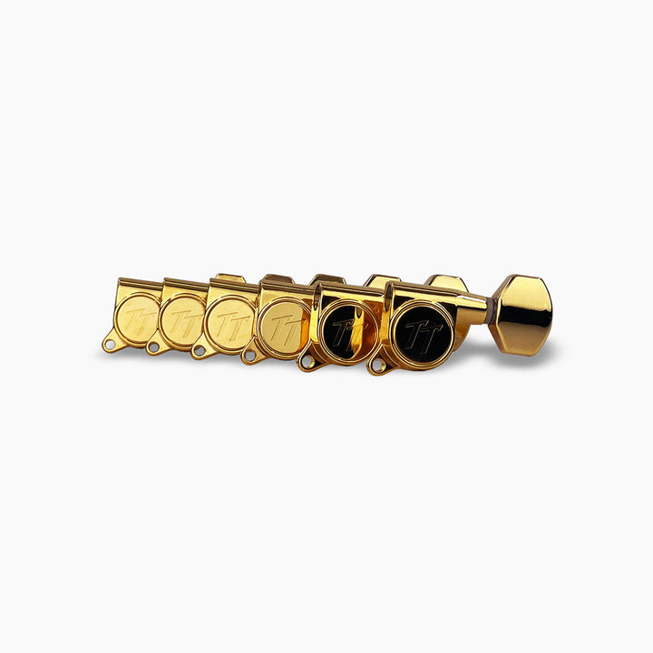 Allparts TK-7113-002 True Tune Mid Size Tuners, 6-in-line, Staggered Posts, Gold