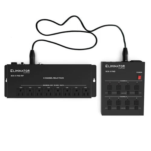 Control eight non-DMX lights with theEliminator Lighting SC-8 II Pad System, an analog on/off light controller that's designed to eliminate tangled cords and messy wiring. The system includes the SC8 II Pad Controller, the SC8 II Pad RP (relay pack), a 25' 3-pin DMX cable, and a 4' IEC power cord.