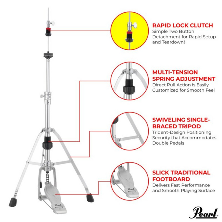 Pearl H-1030SQR Eliminator Solo Single-Braced Hit Hat Stand w/ HCL-105QR Quick Release Rapid Clutch