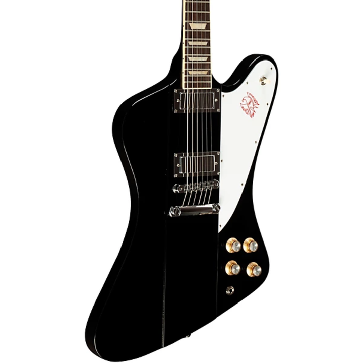 Gibson Firebird Platypus, Ebony. Tribute to the rare 1965 transitional Firebird with the flat Platypus-style Non-Reverse headstock. Mahogany body with set neck and neck-through appearance. SlimTaper mahogany neck, rosewood fretboard with 12-inch radius, 22 medium jumbo frets, acrylic trapezoid inlays. Two historically accurate Firebird Alnico 5 mini humbucker pickups. Nashville Tune-O-Matic bridge, aluminum Stop Bar tailpiece. Grover Mini Rotomatic tuners. Includes hardshell case.
