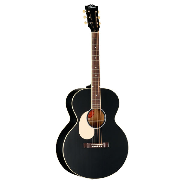 Left-handed Gibson J-185 Century 12-Fret in Ebony finish. Mahogany body with Sitka spruce top, single-ply cream binding. Mahogany neck with SlimTaper 12-Fret profile joining at the 12th fret, compound dovetail joint. Bound rosewood fretboard, 19 frets, MOP dot inlays. Sloped rectangle closed-slot rosewood bridge. Bone nut and saddle. TUSQ bridge pins. Open-back Golden Age tuners. Satin Ebony nitrocellulose finish. Century Collection tweed hardshell case included.