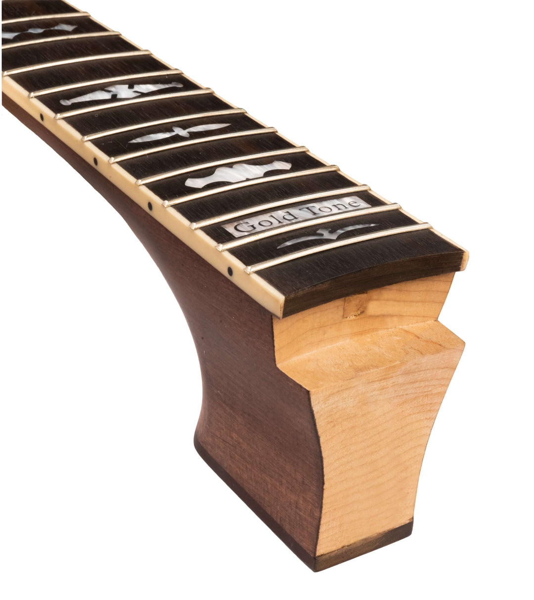 This neck is available with a flat heel surface or Gold Tone can make a standard flange cut for a one piece flange. This heel cut is based off a Gold Tone pot using a standard 5/8 bridge height and is not guaranteed to fit all banjos. Slight angle modifications may be necessary.