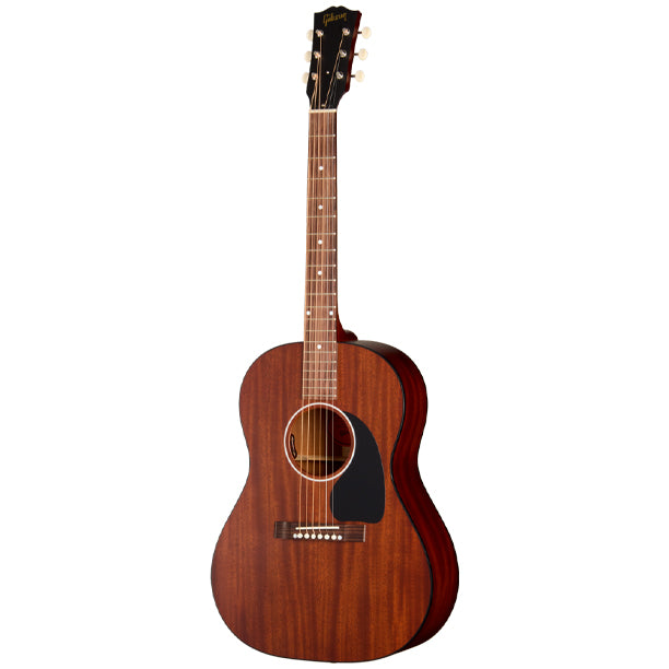 Gibson LG-2 All Mahogany Faded in Natural finish, inspired by wartime-era all-mahogany LG-2 models. Solid mahogany back and sides with solid mahogany soundboard for a warmer, rounder tone ideal for folk, blues, and fingerstyle. Small LG-2 body shape. Mahogany neck, rosewood fretboard. LR Baggs VTC under-saddle transducer with soundhole-mounted volume and tone controls. Satin faded natural nitrocellulose lacquer finish. Gibson hardshell case included.