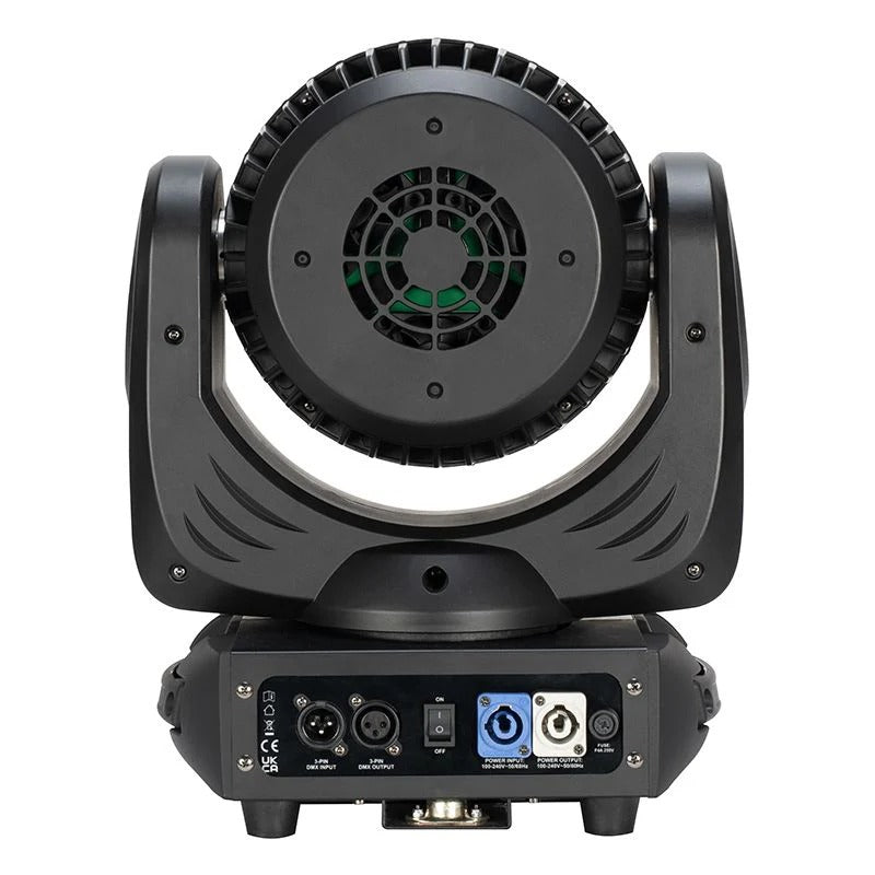 228W professional moving head wash fixture with variable motorized zoom (6 ~ 50-degrees), 19x 12W quad color 4-in-1 (RGBW) LEDs with 3 zones of LED ring control and tunable white color temperature control from 3,200-10,000K