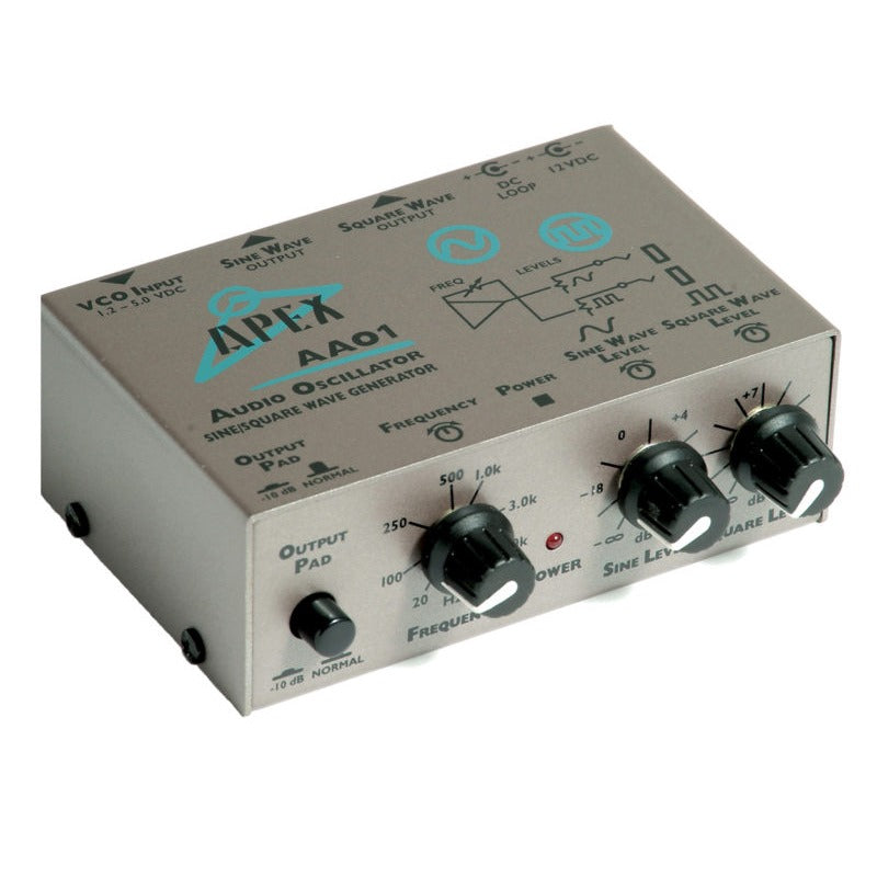 The AAO1 is an extremely handy test tone audio oscillator, and a must for everyone's audio toolkit. A sweepable -10dB Pad, separate square wave and sine wave outputs with level controls make it easy to create a signal to test the input of any audio device. - 12V AC adaptor IncludedFeatures