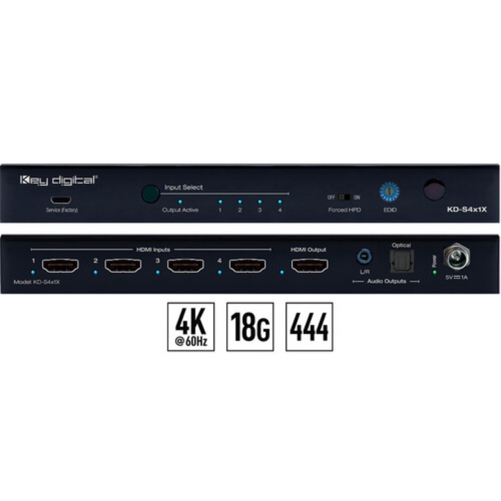 Key Digital 4x1 4K/18G HDMI Switcher with Auto-Switching and Audio De-Embedding