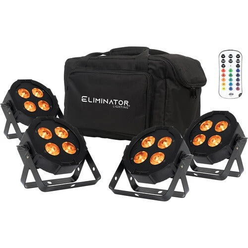 Produce a wide variety of bright color washes and smooth color mixing with theEliminator Lighting Mega Hex L Pak4, a 4-pack of low-profile RGBLA+UV (red, green, blue, amber, and white, plus ultraviolet) LED Par fixtures, each equipped with four 20W (6-in-1) Hex LEDs that have a beam angle of 17&deg;.