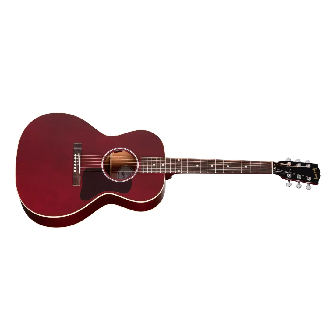 Gibson L-00 Special in Satin Wine Red finish. USA-built small-body acoustic. Solid mahogany back and sides with solid Sitka spruce top and traditional scalloped X-bracing. Single-ply binding. Utile neck with SlimTaper profile, compound dovetail joint, 24.75 in. scale. Rosewood fretboard, 19 frets, MOP dot inlays. TUSQ hardware. Grover Mini Rotomatic tuners. Satin Wine Red nitrocellulose lacquer finish. LR Baggs Element Bronze under-saddle pickup. Premium soft-shell case included.