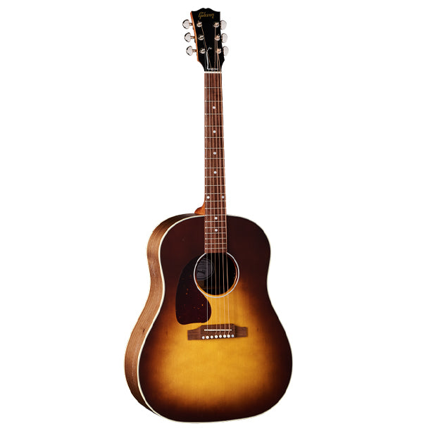 Left-handed Gibson J-45 Studio Walnut with gloss nitrocellulose-finished Sitka spruce top, Walnut Burst finish. Round-shoulder dreadnought handcrafted in Bozeman. Gloss nitro Sitka spruce top, satin-finished walnut back and sides, full-depth body. Advanced Response utile neck, 24.75 in. scale. Rosewood fretboard with MOP dot inlays, 20 frets. TUSQ hardware. Grover Rotomatic tuners. LR Baggs Element Bronze active under-saddle pickup. Modern hardshell case included.