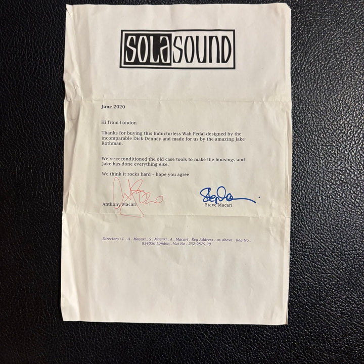 Sola UK - Colorsound Inductorless WAH WAH  By Jake Rothman  w/Box &  Paperwork - (2020) - USED