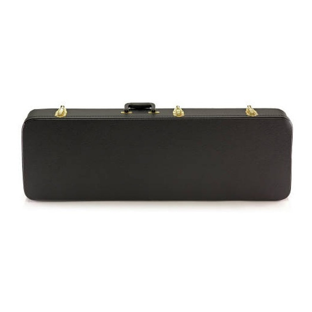 Yorkville hardshell rectangular electric guitar case suitable for a wide range of body styles including Stratocaster and Telecaster shapes. Five-ply cross-laminate wood construction with heavy-duty vinyl covering, plush interior lining, large accessory compartments, all-metal locking fasteners, and heavy-duty molded handles.
