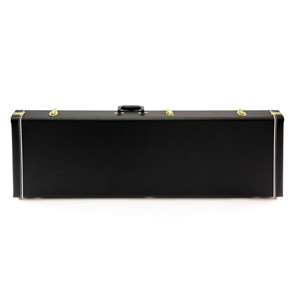 Yorkville deluxe hardshell jazz bass guitar case with arched top for a secure instrument fit. Five-ply cross-laminate wood construction with heavy-duty vinyl covering, plush interior lining, large accessory compartments, all-metal locking fasteners, and heavy-duty molded handles.