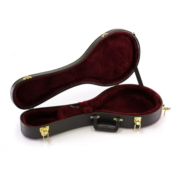 Yorkville hardshell A-style mandolin case providing road-tough instrument protection. Five-ply cross-laminate wood construction with heavy-duty vinyl covering, plush interior lining, large accessory compartments, all-metal locking fasteners, and heavy-duty molded handles.