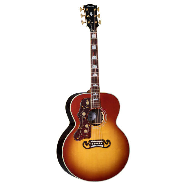 Left-handed Gibson J-45 Standard Rosewood in Rosewood Burst. Rosewood back and sides for richer bass and harmonic complexity. Solid Sitka spruce top. Mahogany neck with SlimTaper profile, 24.75 in. scale. Rosewood fretboard, 20 frets, MOP dot inlays. TUSQ hardware. Gold Grover Rotomatic tuners. Gloss Rosewood Burst finish. LR Baggs VTC electronics. Gibson hardshell case included.