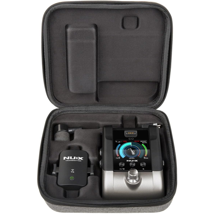 The NUX B-6 Pro is a 2.4GHz wireless systemdesigned for saxophones, trumpets, and other wind instruments, featuring a shock-absorbing gooseneck microphone. It offers high-resolution 24-bit/48kHz audio, a 165-foot (50m) range, <3.6ms latency, and a pedal-style receiver with EQ presets, a tuner, and a signal booster.