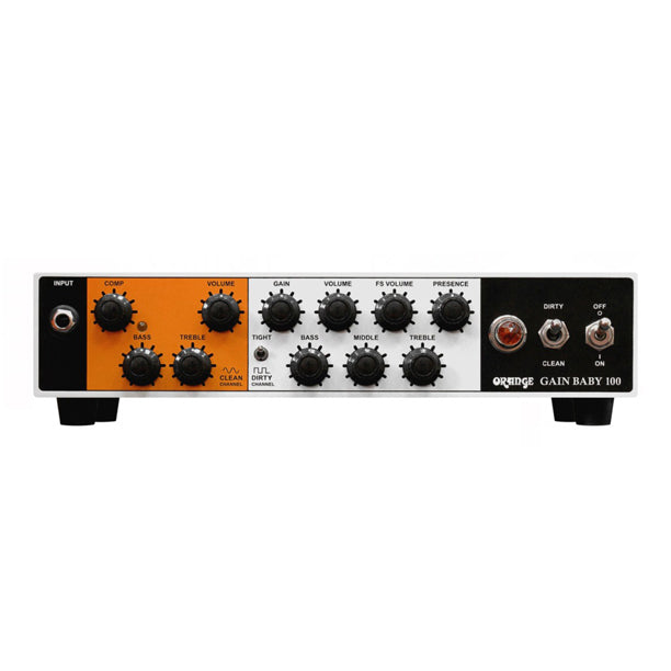 The Orange Gain Baby 100 is a 100-watt, 2-channel, Class A/B solid-state guitar head with an onboard VCA compressor on the clean channel. The high-gain channel features four distinct gain stages and a Tight switch for shredding solos. A compact, tour-ready powerhouse at 3kg with a buffered FX loop and footswitchable volume.