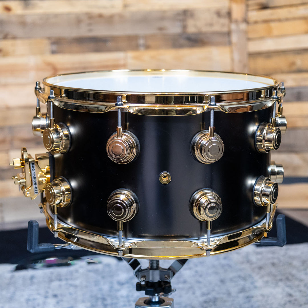 DW Collectors Snare Drum 8 x 14 Satin Black Over Brass Snare/ Gold Hardware