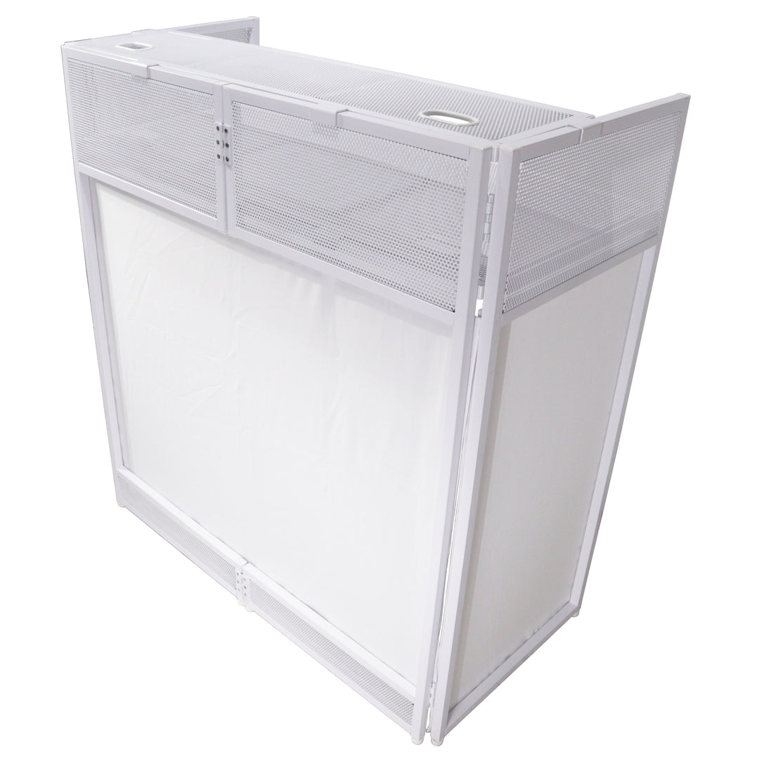ProX XF-VISTA WH VISTA White DJ Booth Facade Table Station with White/Black Scrim Kit and Padded Travel Bag