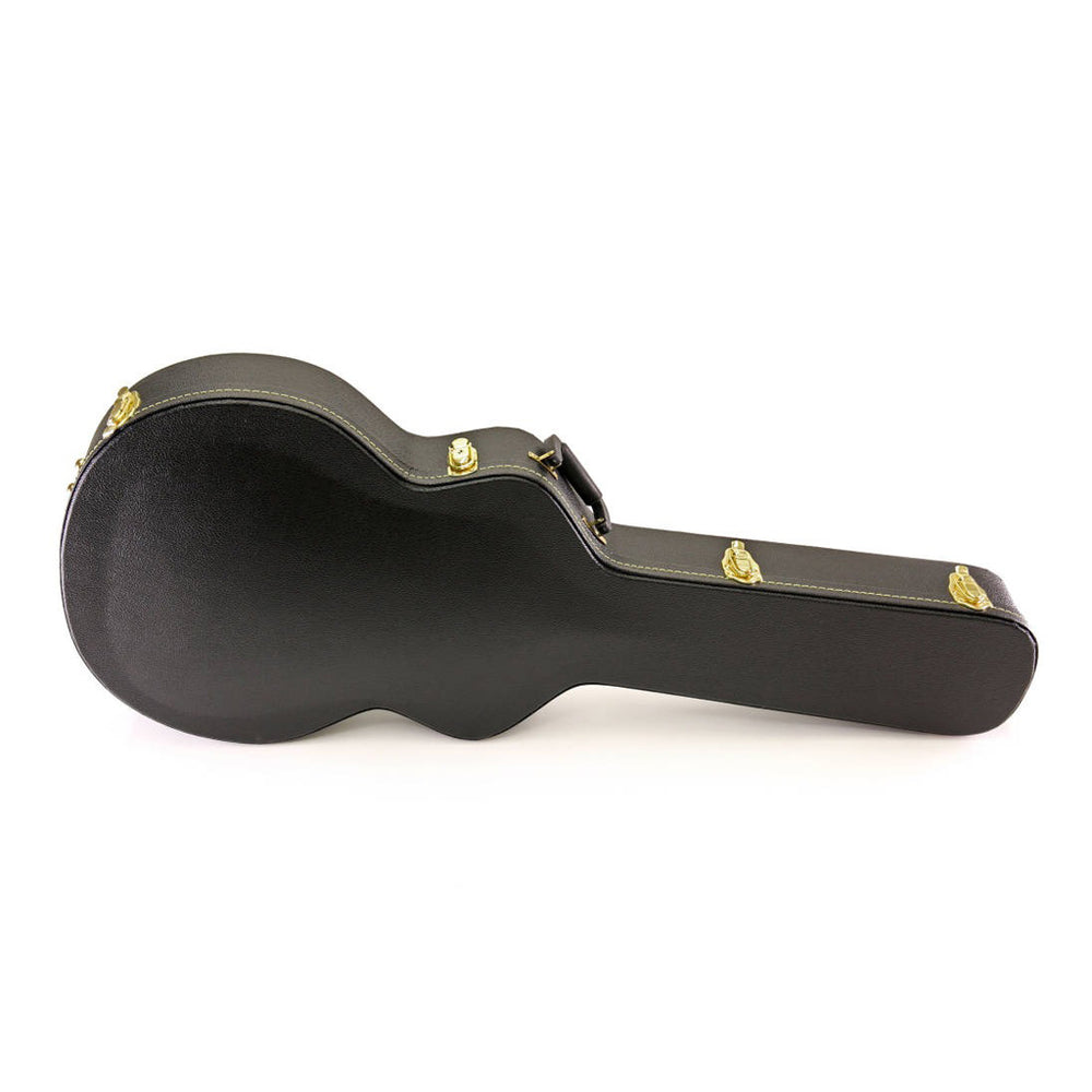 Yorkville super deluxe arched-top acoustic guitar case with genuine leather handle. Five-ply cross-laminate wood construction with heavy-duty vinyl covering, plush interior lining, large accessory compartments, all-metal locking fasteners, and an arched lid for a secure instrument fit.