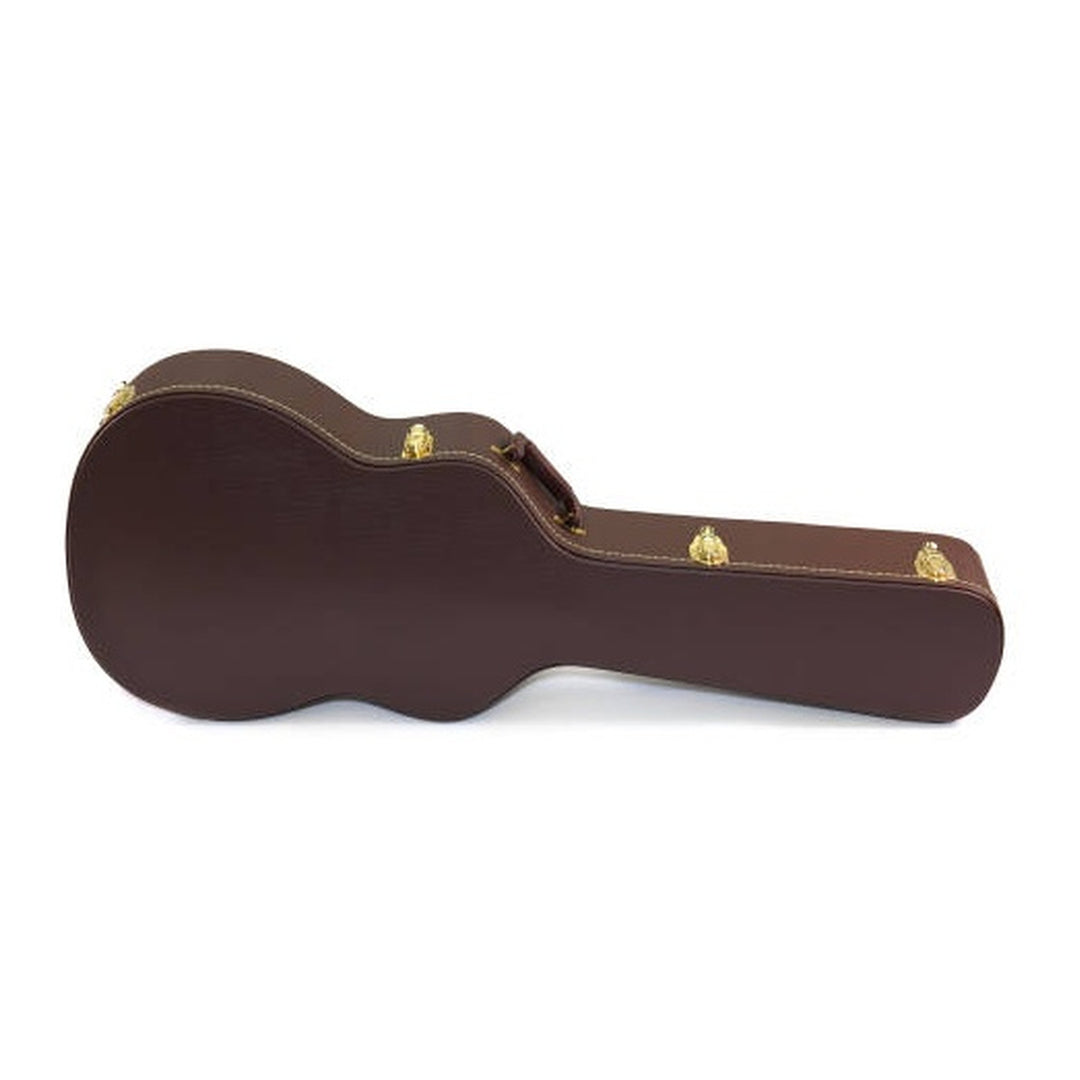 Yorkville deluxe arched-top hardshell classical guitar case providing superior instrument protection. Five-ply cross-laminate wood construction with heavy-duty vinyl covering, plush interior lining, large accessory compartments, all-metal locking fasteners, and heavy-duty molded handles.