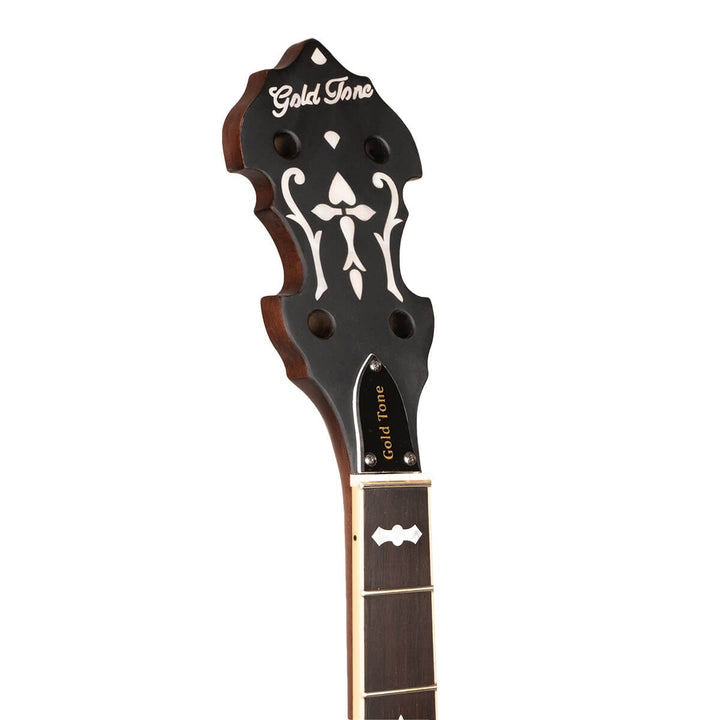 This neck is available with a flat heel surface or Gold Tone can make a standard flange cut for a one piece flange. This heel cut is based off a Gold Tone pot using a standard 5/8 bridge height and is not guaranteed to fit all banjos. Slight angle modifications may be necessary.