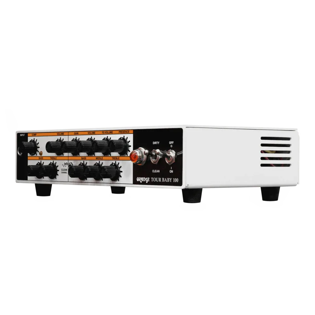 Tap into 100 watts of pure British tone with the Orange Tour Baby. Compact and ultra-portable, this powerful 2-channel amp head is the first choice for many guitarists, providing sparkling cleans on one side and classic valve-like Orange gain on the other.