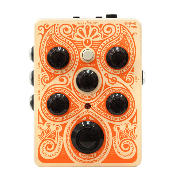The Orange Acoustic Pedal is a dedicated acoustic guitar preamp pedal delivering warmth, clarity, and control for acoustic-electric players. Features a 3-band EQ, anti-feedback notch filter, phase switch, and a blend control for mixing direct and effected signals.