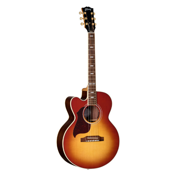 Left-handed Gibson Parlor Rosewood EC in Rosewood Burst. Small-bodied acoustic cutaway with satin-finished rosewood back and sides and gloss nitrocellulose-finished Sitka spruce top. Mahogany neck with Advanced Response profile, 24.75 in. scale, 16 in. radius. Bound rosewood fretboard, 19 frets, single MOP parallelogram inlays. TUSQ hardware. Gold Grover Mini Rotomatic tuners. LR Baggs VTC under-saddle pickup with soundhole-mounted controls. Modern hardshell case included.