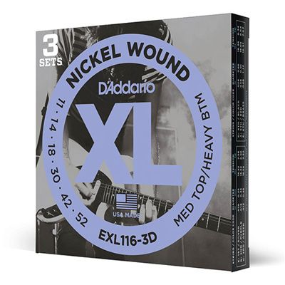 D'Addario EXL116-3D 11-52 Medium Top/Heavy Bottom Electric Guitar Strings - 3-Pack
