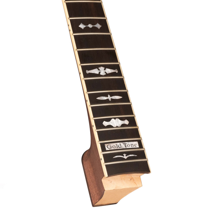 This neck is available with a flat heel surface or Gold Tone can make a standard flange cut for a one piece flange. This heel cut is based off a Gold Tone pot using a standard 5/8 bridge height and is not guaranteed to fit all banjos. Slight angle modifications may be necessary.