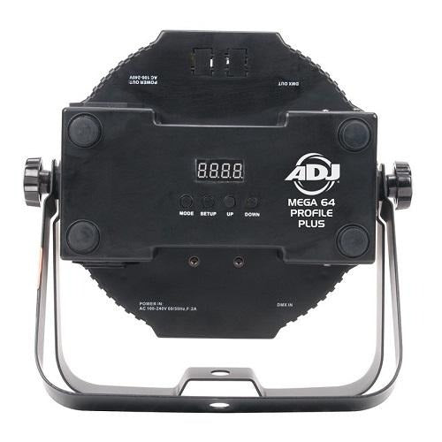 The ADJ Mega 64 Profile Plus is a compact, low profile wash fixture designed for uplighting, stage lighting and wall washing, and will bring color and excitement to any party. The Mega 64 Profile Plus is powered by twelve bright 4-Watt Quad (RGB+UV 4-In-1) LED.