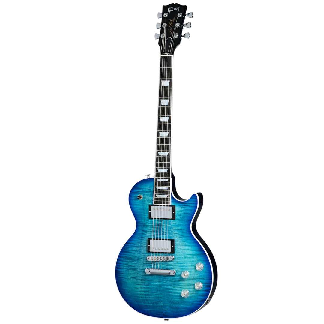 Gibson Les Paul Modern Figured. Ultra-Modern weight-relieved mahogany body with carved figured maple top. Asymmetrical SlimTaper mahogany neck. Compound radius ebony fretboard with 22 frets. Burstbucker Pro humbuckers with push/pull coil tap. Modern Contoured Heel for exceptional upper-fret access. Grover Rotomatic tuners. Includes hardshell case.
