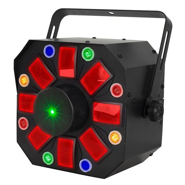 An exhilarating party lighting effect, the Furious Three RG is a 3-FX-IN-1 lighting effect - utilizes three light sources &ndash; six 5W 5-penta LEDs, eight 3W quad LEDs and a red and green laser &ndash; to give users a Moonflower/Wash/Laser combo effects that create a high level of enjoyment for party guests.