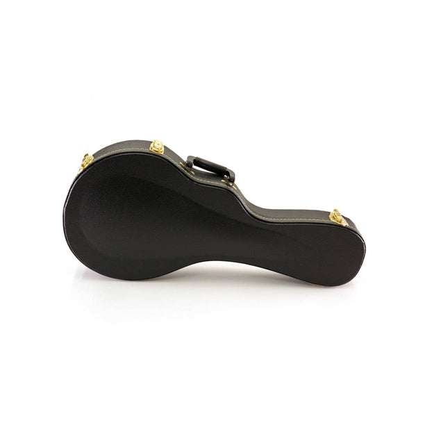 Yorkville hardshell A-style mandolin case providing road-tough instrument protection. Five-ply cross-laminate wood construction with heavy-duty vinyl covering, plush interior lining, large accessory compartments, all-metal locking fasteners, and heavy-duty molded handles.