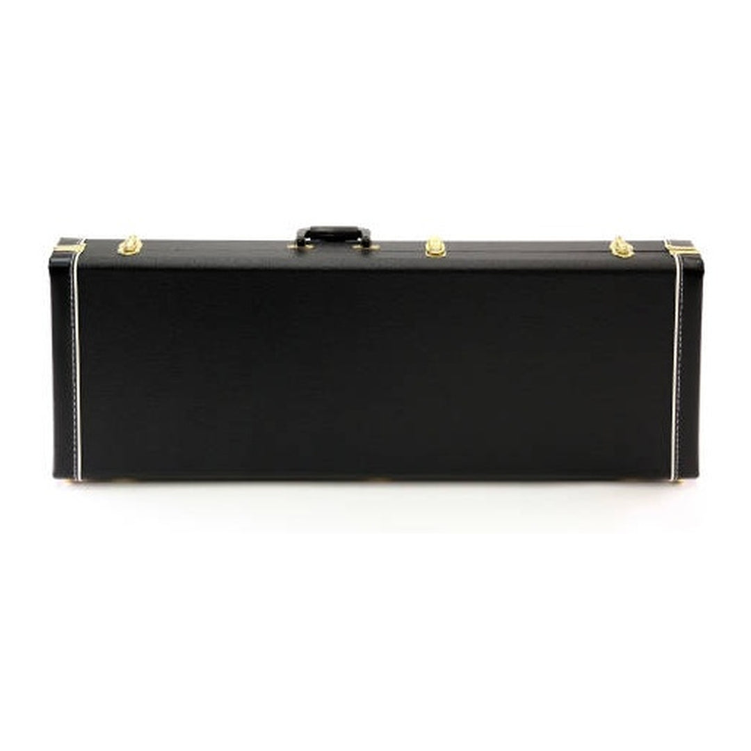 Yorkville deluxe hardshell electric guitar case with arched top for a secure instrument fit. Five-ply cross-laminate wood construction with heavy-duty vinyl covering, plush interior lining, large accessory compartments, all-metal locking fasteners, and heavy-duty molded handles.