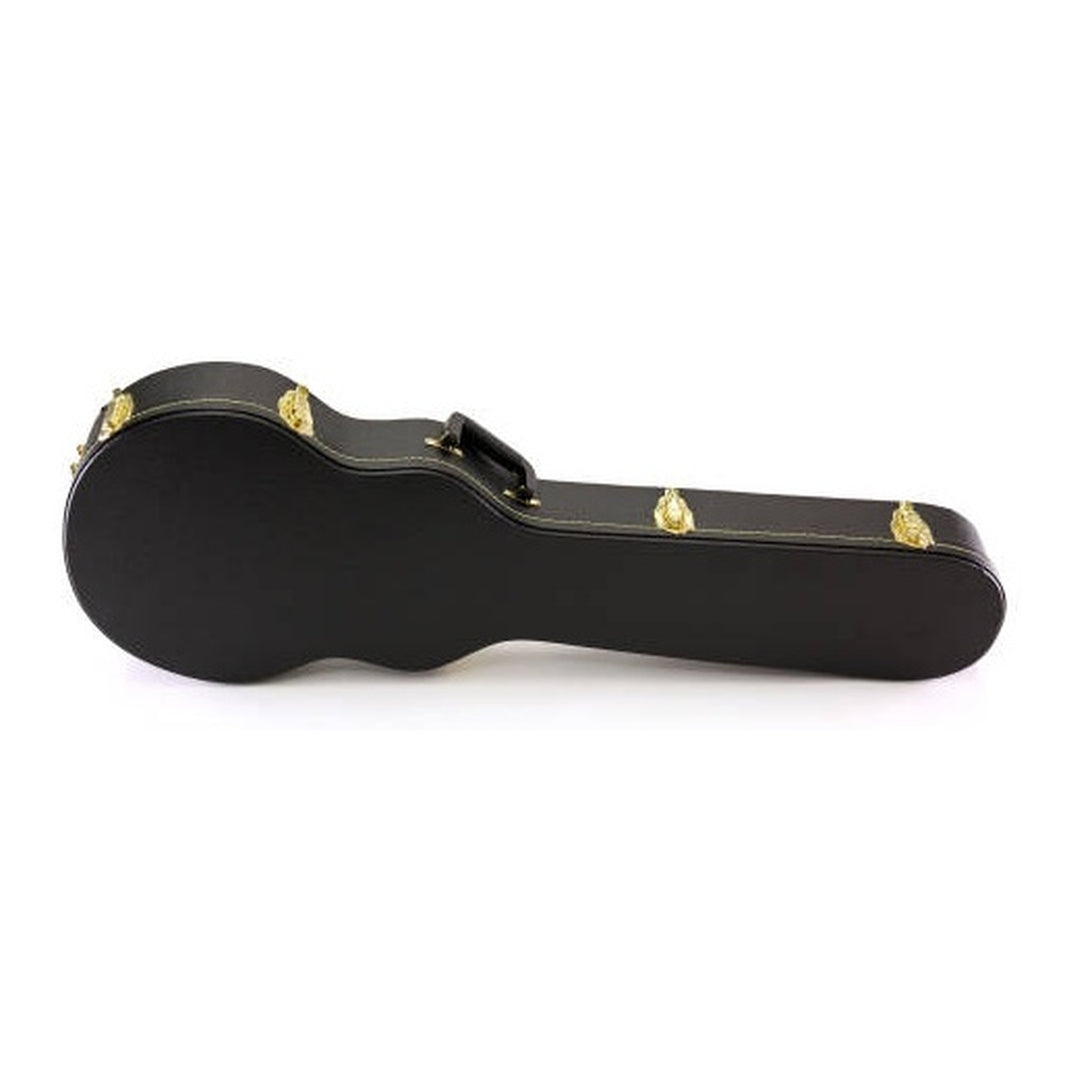 Yorkville hardshell electric guitar case designed for Les Paul body shape guitars. Five-ply cross-laminate wood construction with heavy-duty vinyl covering, plush interior lining, large accessory compartments, all-metal locking fasteners, and heavy-duty molded handles.
