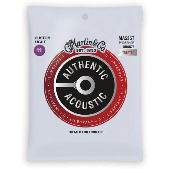 Martin MA535T Authentic Acoustic Lifespan 2.0 Treated 92/8 Ph. Bronze Guitar Strings - Custom Light 11-52