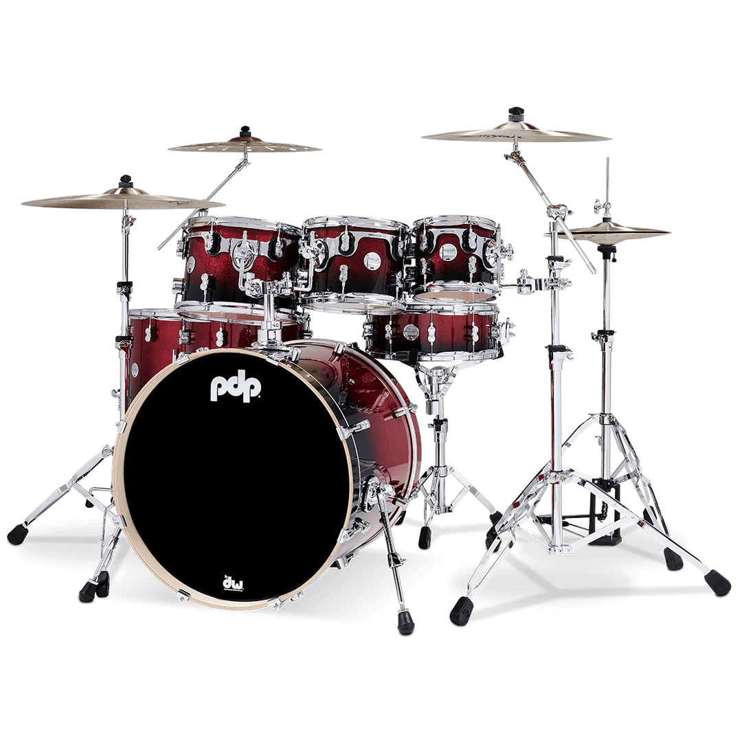 PDP Concept Maple Lacquer CM7 7-Piece Kit Shell Pack w/ Chrome Hardware (18x22 w/ BDM, 7x8, 8x10, 9x12, 12x14FT, 14x16FT, 5.5x14 Snare) - Red to Black Fade