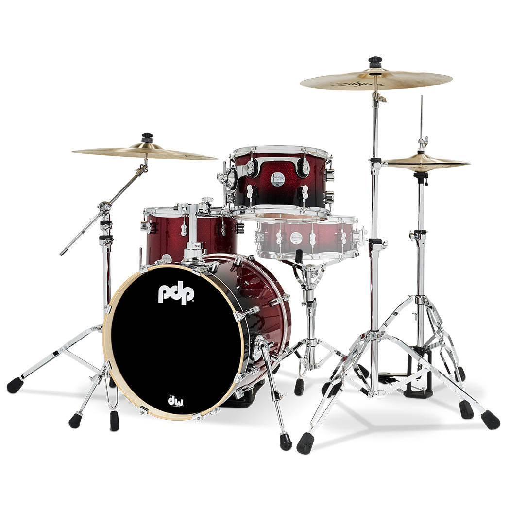 PDP Concept Maple Lacquer CM Bop Kit Shell Pack w/ Chrome Hardware (14x18 w/ BDM, 8x12, 14x14FT) - Red to Black Fade