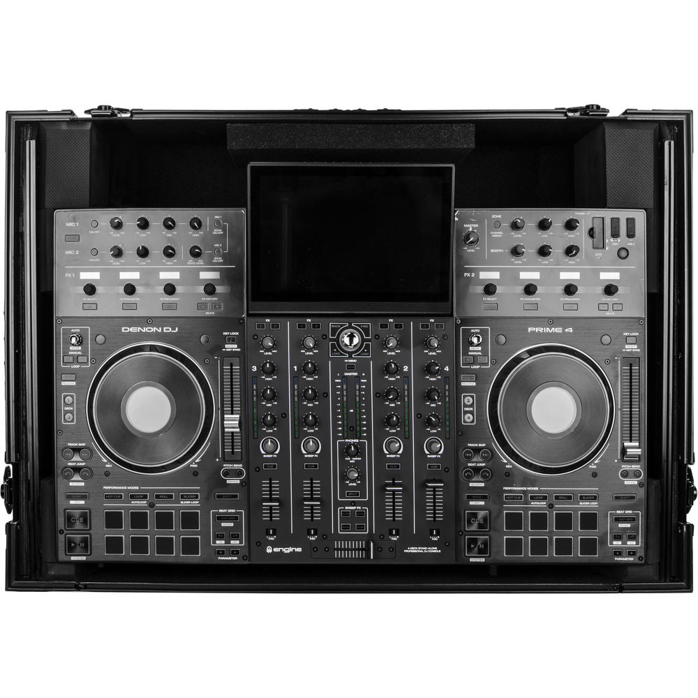 Odyssey FZGSPRIME4W2 Flight Zone Glide Style Case for Denon DJ Prime 4 w/ Laptop Platform and 2U Rack - Black Label